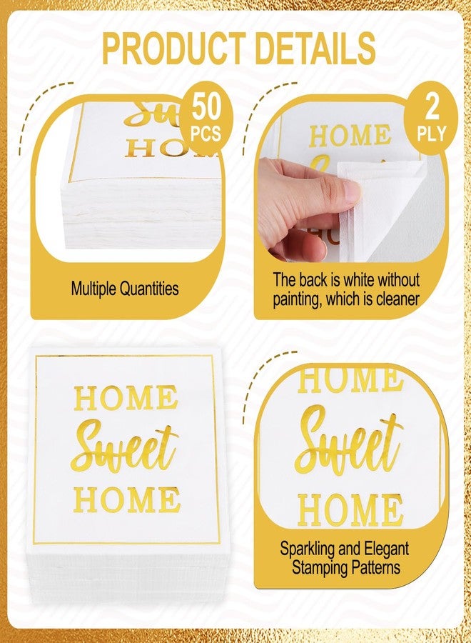 Vuzvuv 50 Pack Housewarming Party Decorations Cocktail Napkins - Home Sweet Home Disposable Paper Hand Napkins for Gatherings Party Supplies Table Decor (5" Folded 2 Ply -Gold Foil White) - Image 3